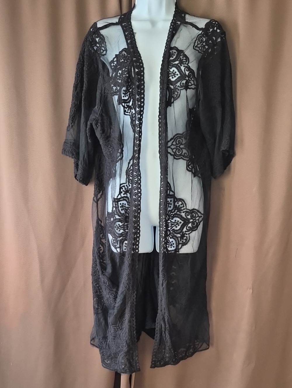 Black Sheer Boho Pullover Lace Kimono Robe Womens Top Flowy Sku 0010